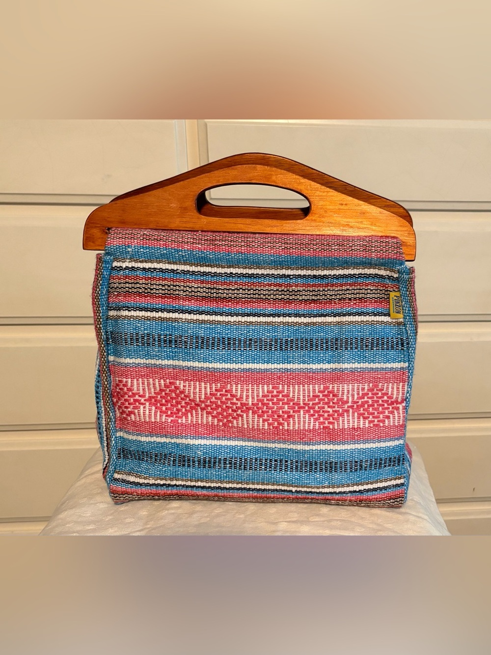 Handwoven Pink & Blue Striped Tote with Wooden Handles